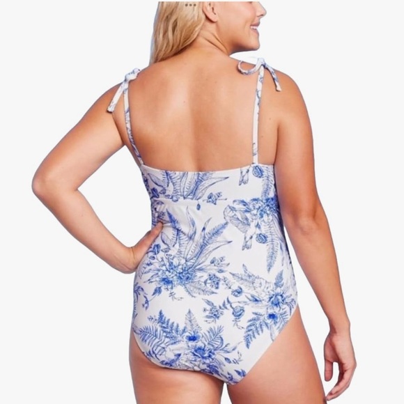 Kona Sol White And Blue Tropical Print Shoulder Tie One Piece Swimsuit - Picture 2 of 7
